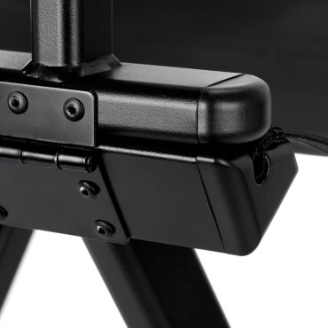 Black aluminum make-up chair — close-up of the base