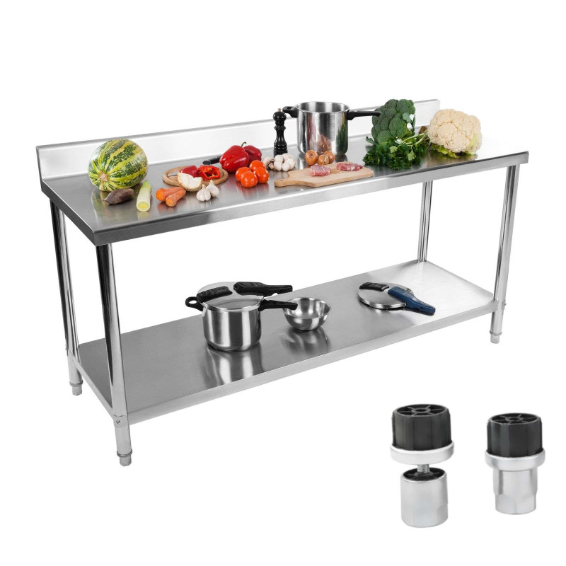Mesa de cocina con superficie de trabajo de acero inoxidable con borde y estante inferior 180x60cm