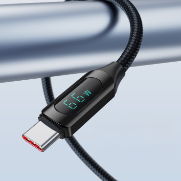 Kabeļu USB-Kabelis - USB-C ar LED displejs 66W 6A 1m melns