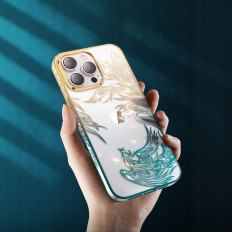Caso de luxo para iPhone 14 Plus com cristais de ouro-azuis da série Phoenix