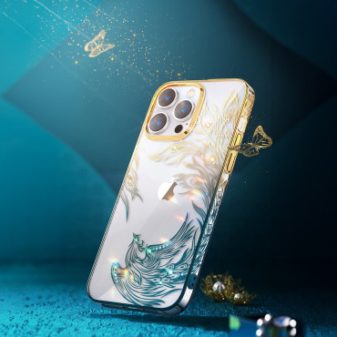 Caso de luxo para iPhone 14 Plus com cristais de ouro-azuis da série Phoenix