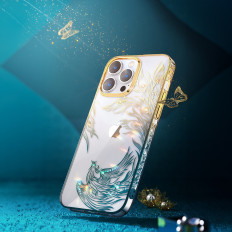 Caso de luxo para iPhone 14 Plus com cristais de ouro-azuis da série Phoenix