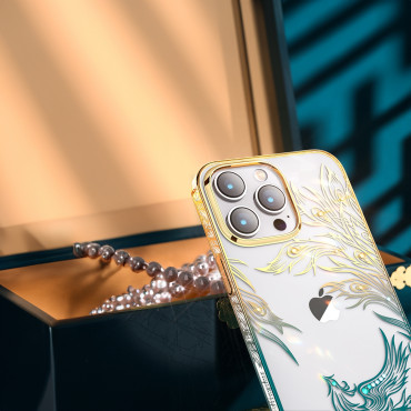 Caso de luxo para iPhone 14 Plus com cristais de ouro-azuis da série Phoenix
