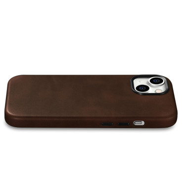 Capa de Couro para iPhone 15 Plus Óleo Cera Premium Couro Magsafe Brown