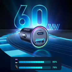 Mini carregador de carro 60w USB-A QC3.0 USB-C PD Preto