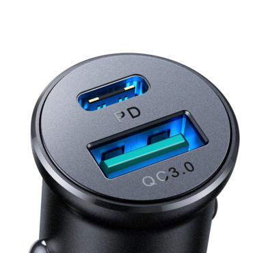 Mini Carregador de Carro 30 W USB-A QC3.0 USB-C PD Preto