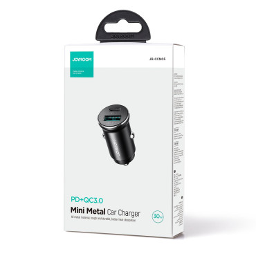 Mini Carregador de Carro 30 W USB-A QC3.0 USB-C PD Preto