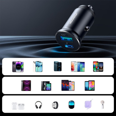 Mini Carregador de Carro 30 W USB-A QC3.0 USB-C PD Preto