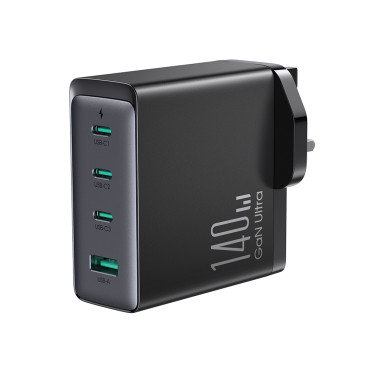 Sieťová nabíjačka GAN 140W. Anglický plug UK 3x USB-C USB-A + USB-C kábel 1.2m