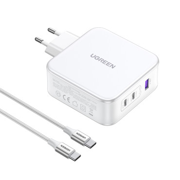 Gan Nexode USB-A 2x USB-C 140W Nätverksladdare + USB-C-kabel 1.5m Vit