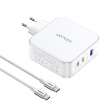 Gan Nexode USB-A 2x USB-C 140W Nätverksladdare + USB-C-kabel 1.5m Vit