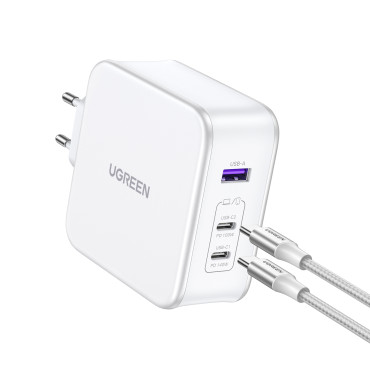 GAN NEXODE USB-A 2X USB-C 140W tinklo įkroviklis + USB-C kabelis 1.5m Balta