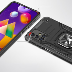 Obrnené hybridné puzdro Samsung Galaxy M31s + Magnetický krúžok rukoväť Armor Silver