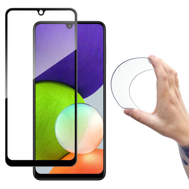Folha de vidro vidro temperado com um quadro para Samsung Galaxy A22 4G Cobertura Flexi Nano Preto