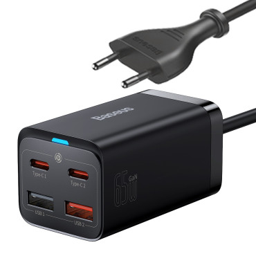 Snabb Merber Charger Gan3 Pro 2x USB-C / 2X USB 65W PD QC + USB-C 1m Kabel Svart