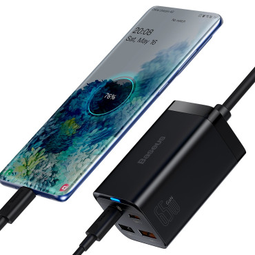 Snabb Merber Charger Gan3 Pro 2x USB-C / 2X USB 65W PD QC + USB-C 1m Kabel Svart