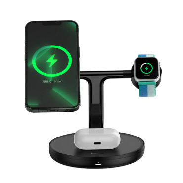 3in1 Stojalo indukcijskega polnilnika za iPhone Apple Oglejte si AIRPODS + USB-C 1M KABELNA ČRNA