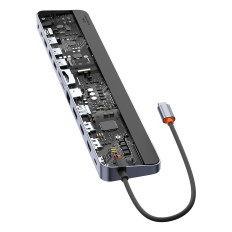 12W1 HUB USB-A NOTBOOD Stapter USB-A DP HDMI SD TF RJ45 3.5mm Jack PD 100W pelēks