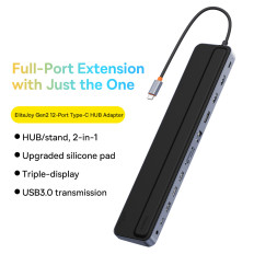 12W1 HUB USB-A NOTBOOD Stapter USB-A DP HDMI SD TF RJ45 3.5mm Jack PD 100W pelēks