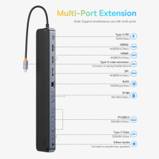 12W1 HUB USB-A NOTBOOD Stapter USB-A DP HDMI SD TF RJ45 3.5mm Jack PD 100W pelēks