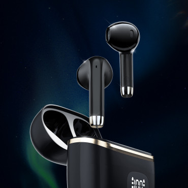 Fones de ouvido sem fio de TWS com exposição de LED preta