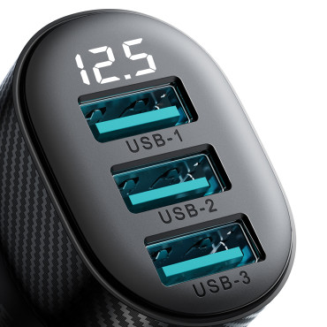 Carregador de carro 3.4a com 3x Display USB Preto