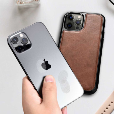 Caso coberto com a pele natural para o iphone 12 pro máximo cera de óleo de couro preto