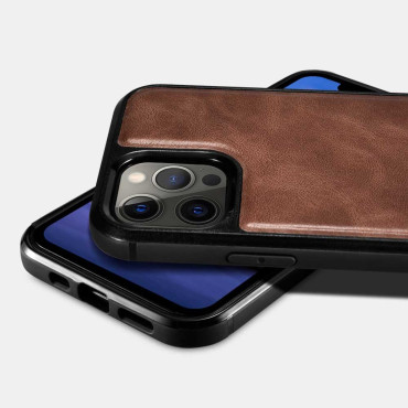 Caso coberto com a pele natural para o iphone 12 pro máximo cera de óleo de couro preto