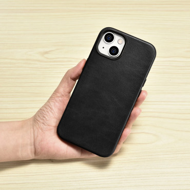 Case en cuir iPhone 14 magnétique avec Magsafe Huile Cire Case Premium Case Noir