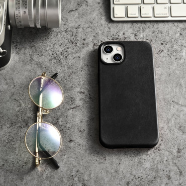 Case en cuir iPhone 14 magnétique avec Magsafe Huile Cire Case Premium Case Noir