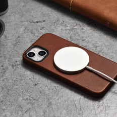 Pierna de cuero IPHONE 14 Bolsa magnética con funda de cuero premium de cera de aceite Magsafe Bronce