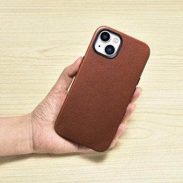 Pierna de cuero IPHONE 14 Bolsa magnética con funda de cuero premium de cera de aceite Magsafe Bronce