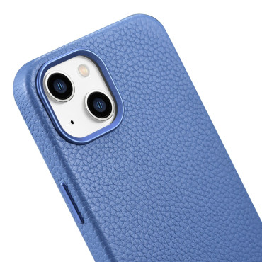 Leather iPhone 14 magnetic pouch with Magsafe Litchi Premium Leather Case Blue