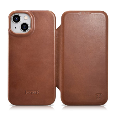 Funda de cuero iPhone 14 con aletas magnéticas Magsafe CE Oil Cera de cuero de primera calidad Marrón
