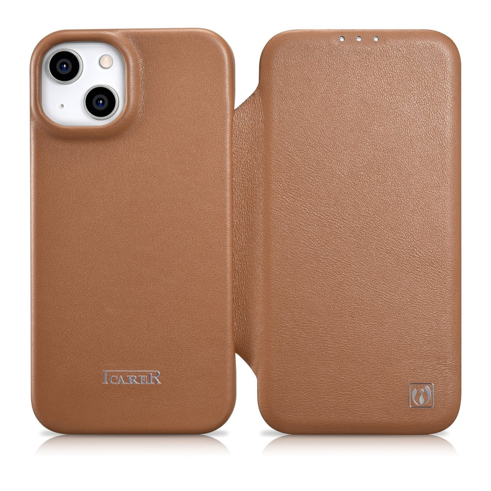 Leather case iPhone 14 with magnetic flaps Magsafe CE premium leather light brown