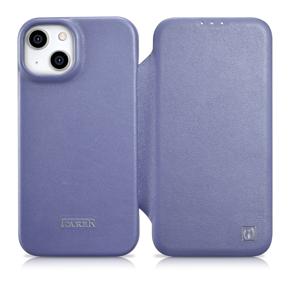 Caso de couro iPhone 14 com flap magnético magsafe ce premium luz de couro roxo
