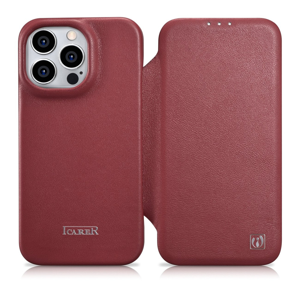Leather case iPhone 14 Pro with magnetic flap Magsafe CE premium leather burgundy