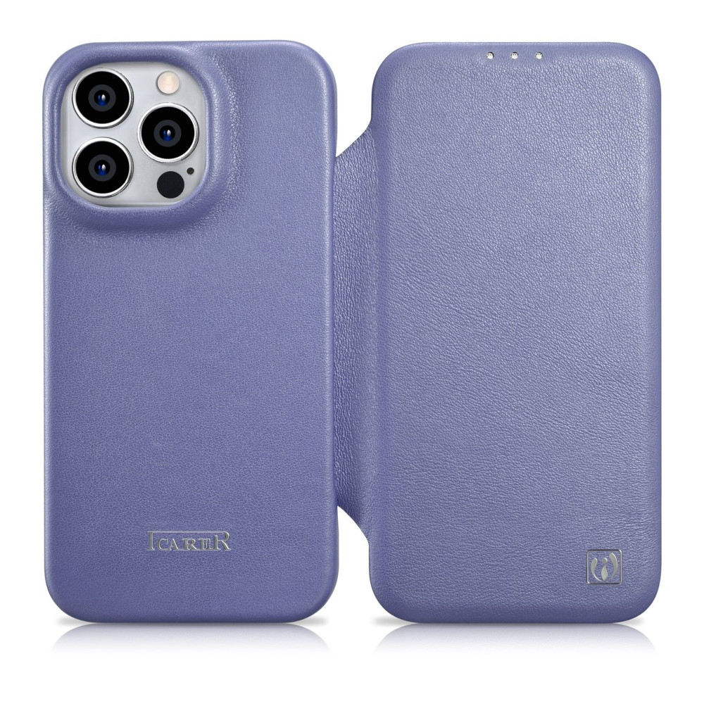 Caso de couro iPhone 14 Pro com flap magnético magsafe ce premium luz de couro roxo