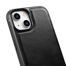 Cas couvert de peau naturelle pour iPhone 14 en cuir huile de cire Noir