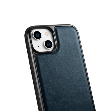 Fall täckt med naturlig hud till iPhone 14 läderolja vax marinblå