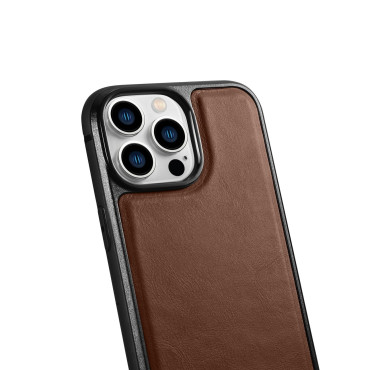 Fodral täckt med naturlig hud för iPhone 14 Pro läderolja Vax mörkbrun