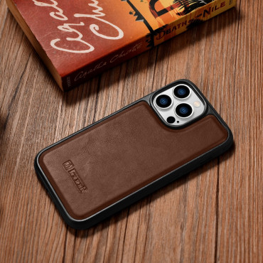 Prípad pokrytý prírodnou kožou pre iPhone 14 Pro kožené oleja vosk tmavo hnedý