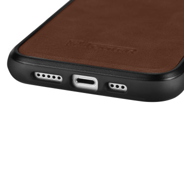 Coque recouverte de peau naturelle pour iPhone 14 plus huile en cuir brun foncé brun foncé