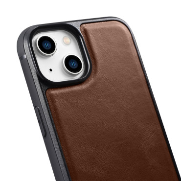 Caso cubierto con piel natural para iPhone 14 más cera de aceite de cuero marrón oscuro