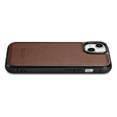 Fall mit natürlicher Haut für iPhone 14 plus Lederölwachs dunkelbraun bedeckt