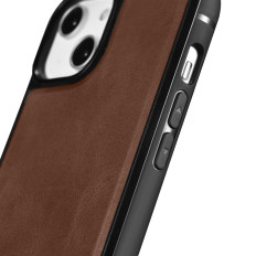 Caso cubierto con piel natural para iPhone 14 más cera de aceite de cuero marrón oscuro