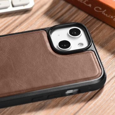 Caso cubierto con piel natural para iPhone 14 más cera de aceite de cuero marrón oscuro