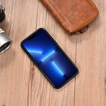Caso cubierto con piel natural para iPhone 14 más cera de aceite de cuero marrón oscuro