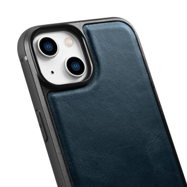 Prípad pokrytý prírodnou kožou do iPhone 14 plus kožené oleja vosk námorníctvo