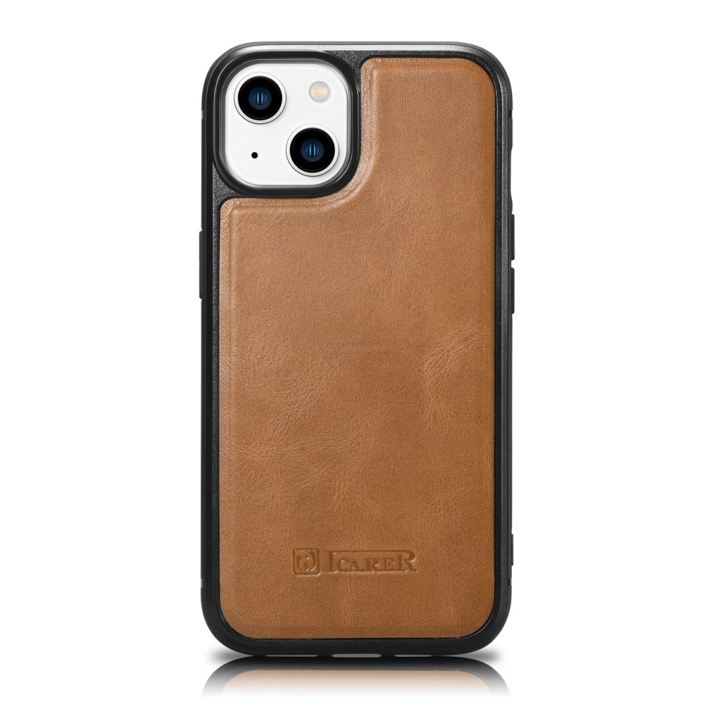 Case bedekt met natuurlijke huid voor iPhone 14 plus lederen olie wax Bright Bronze